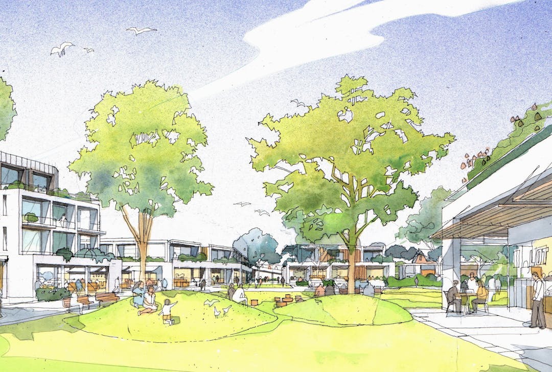 A concept illustration depicting a central piazza at Blaxland Town Centre.