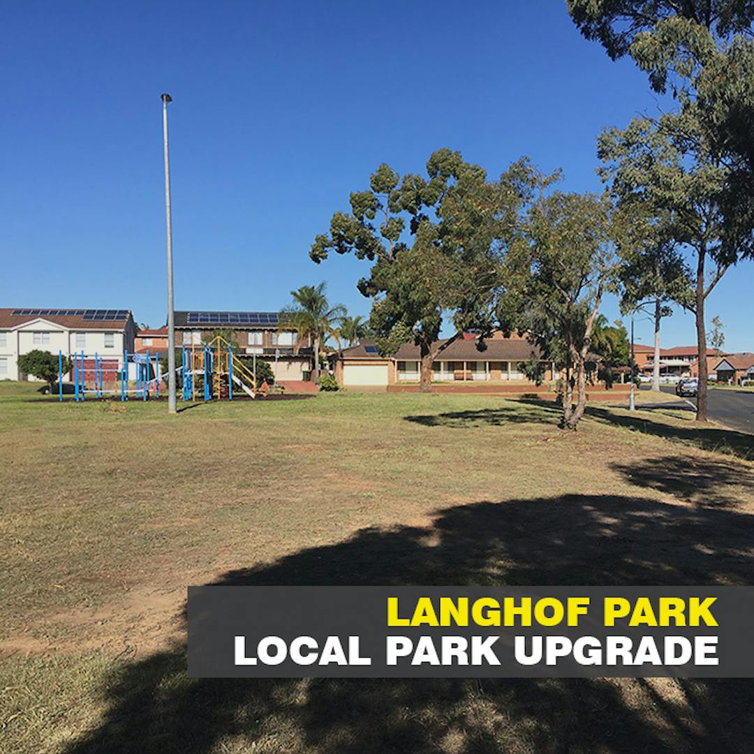 Photo of Langhof Park, looking south with existing playground on the left and Banbury Crescent on the right.