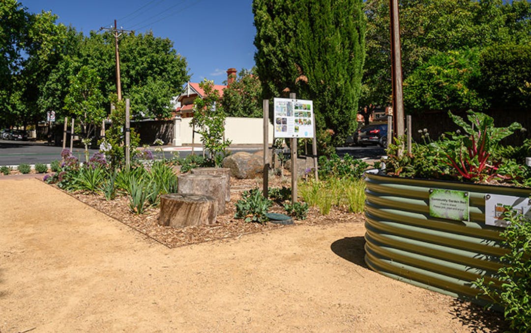 Image is a pathway to the raised garden beds in a Pocket Park on Clifton Street