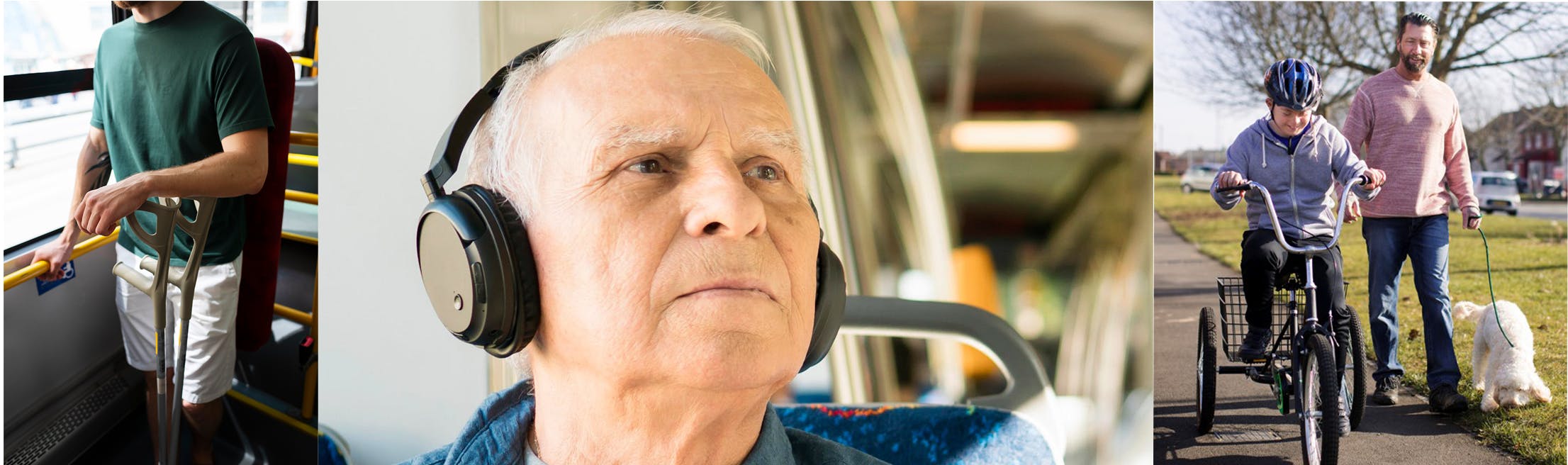 person  with crutches on train, person with head phones siting on bus,  young person on trike with adult walking dog