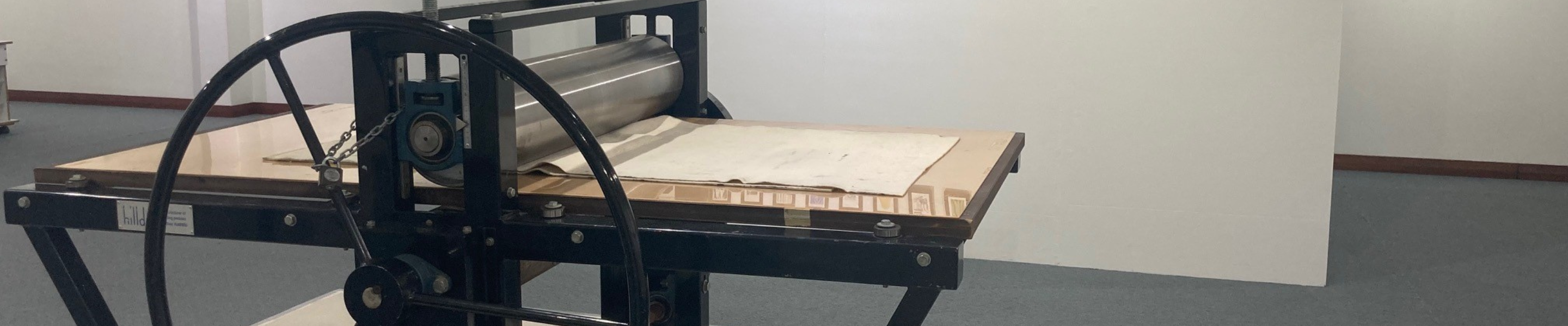 Open Print exchange exhibition, Hurstville Museum & Gallery February – April 2024 with large scale Hilldav printing press