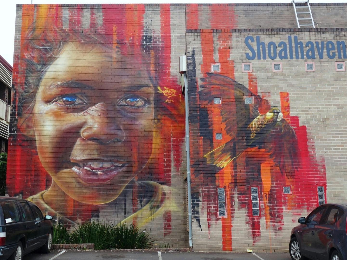 Completed Adnate mural on the wall of the Shoalhaven Regional Art Gallery, Egans Lane Carpark