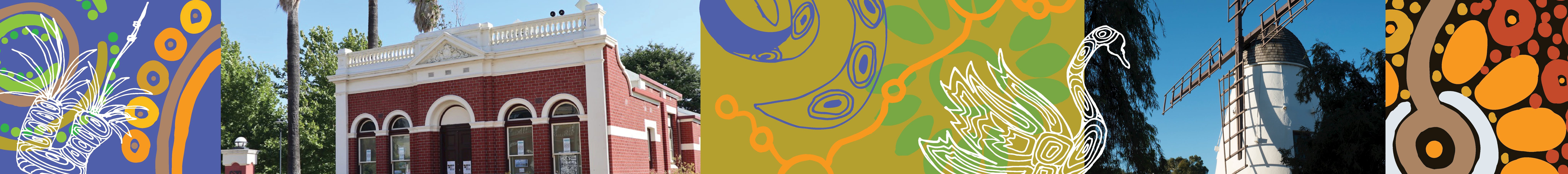 Photos of two heritage buildings in the City of South Perth, plus some graphic design elements