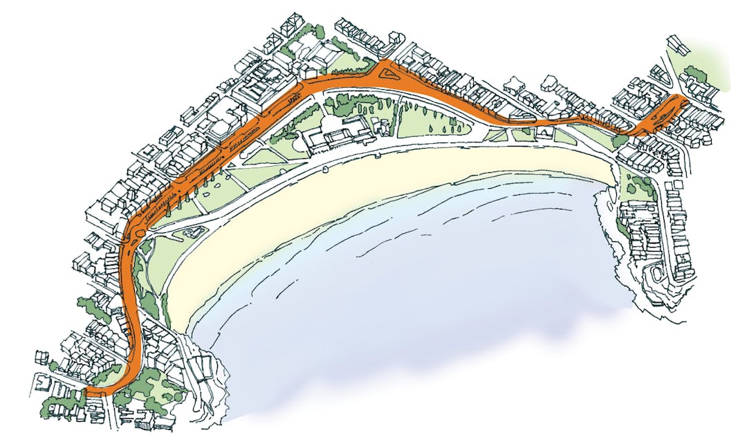 A map outlining the whole length of Campbell Parade, which is the scope of this project.