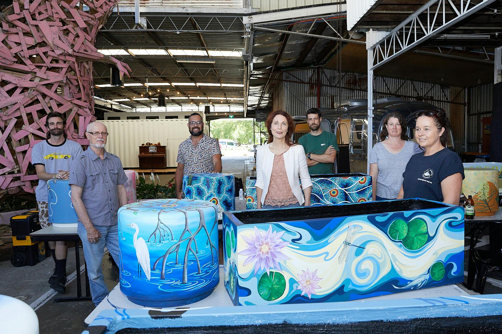 Mayor Cherry visits artists at M-Arts | back row from left: Mitch Schultz, Jason King and Cam Scale | front row from left: Phillip Hay, Mayor Chris Cherry, Judy Oakenfull and Mealie Batchelor