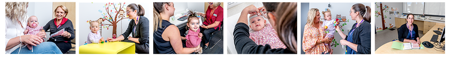 A collage of photos of babies and children with their parents and a maternal and child health nurse