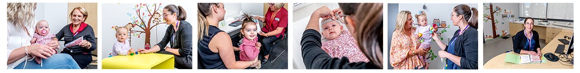 A collage of photos of babies and children with their parents and a maternal and child health nurse