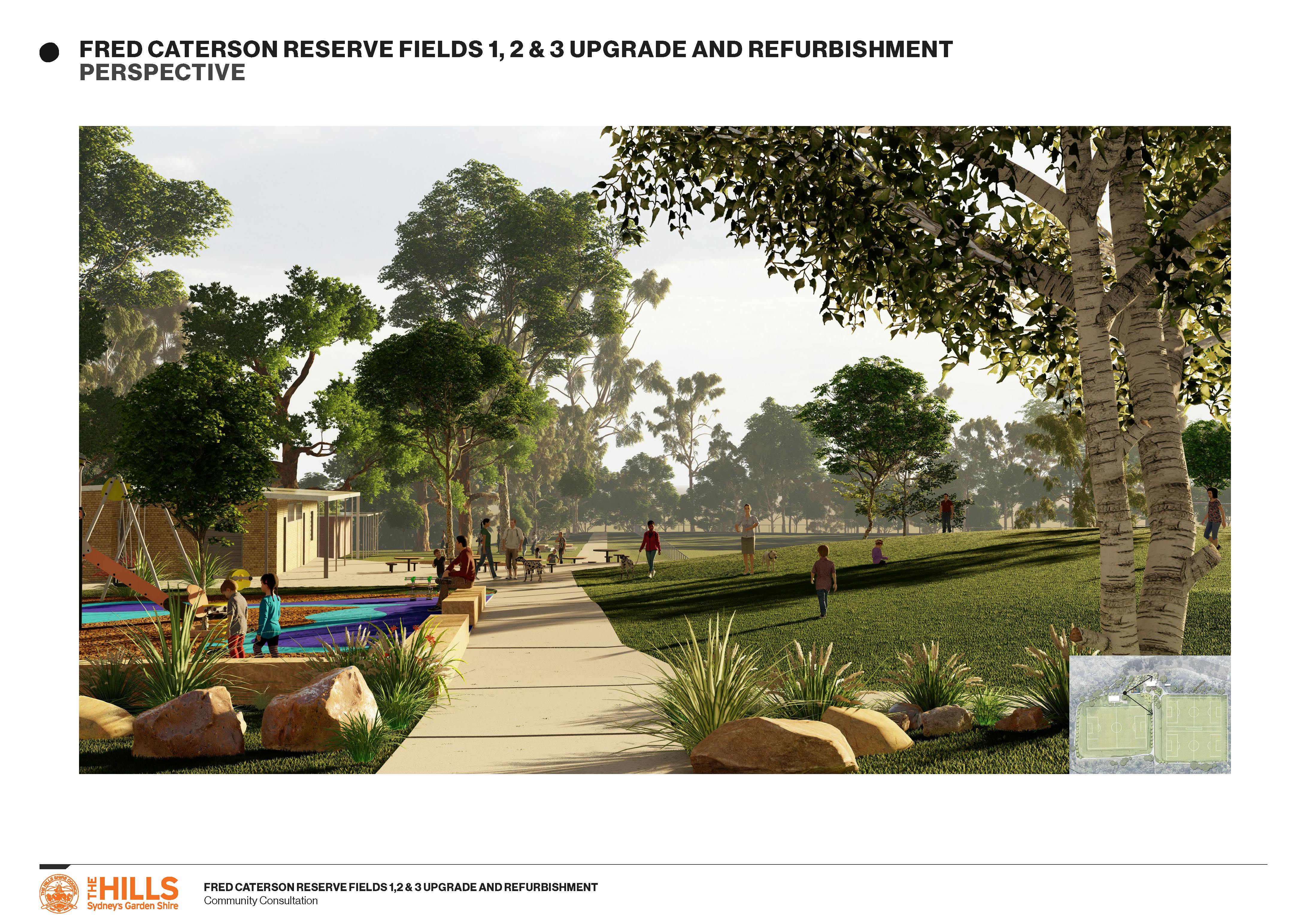 Render of the proposed upgrades for the footpath playground and amenities.