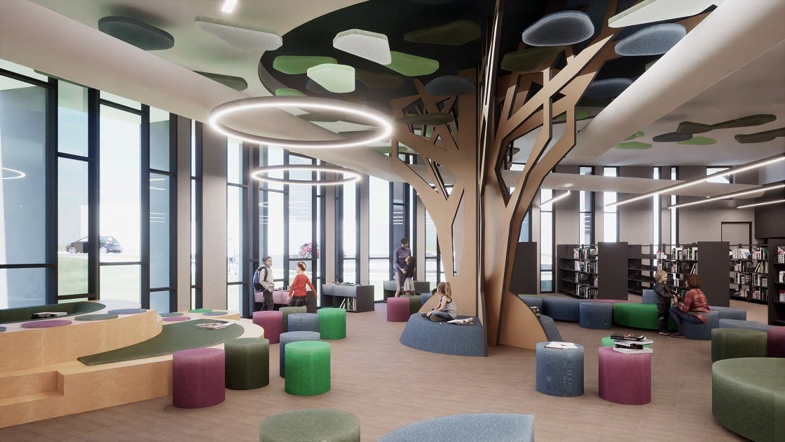 Artist impression of Children's Library with tree and staged seating areas