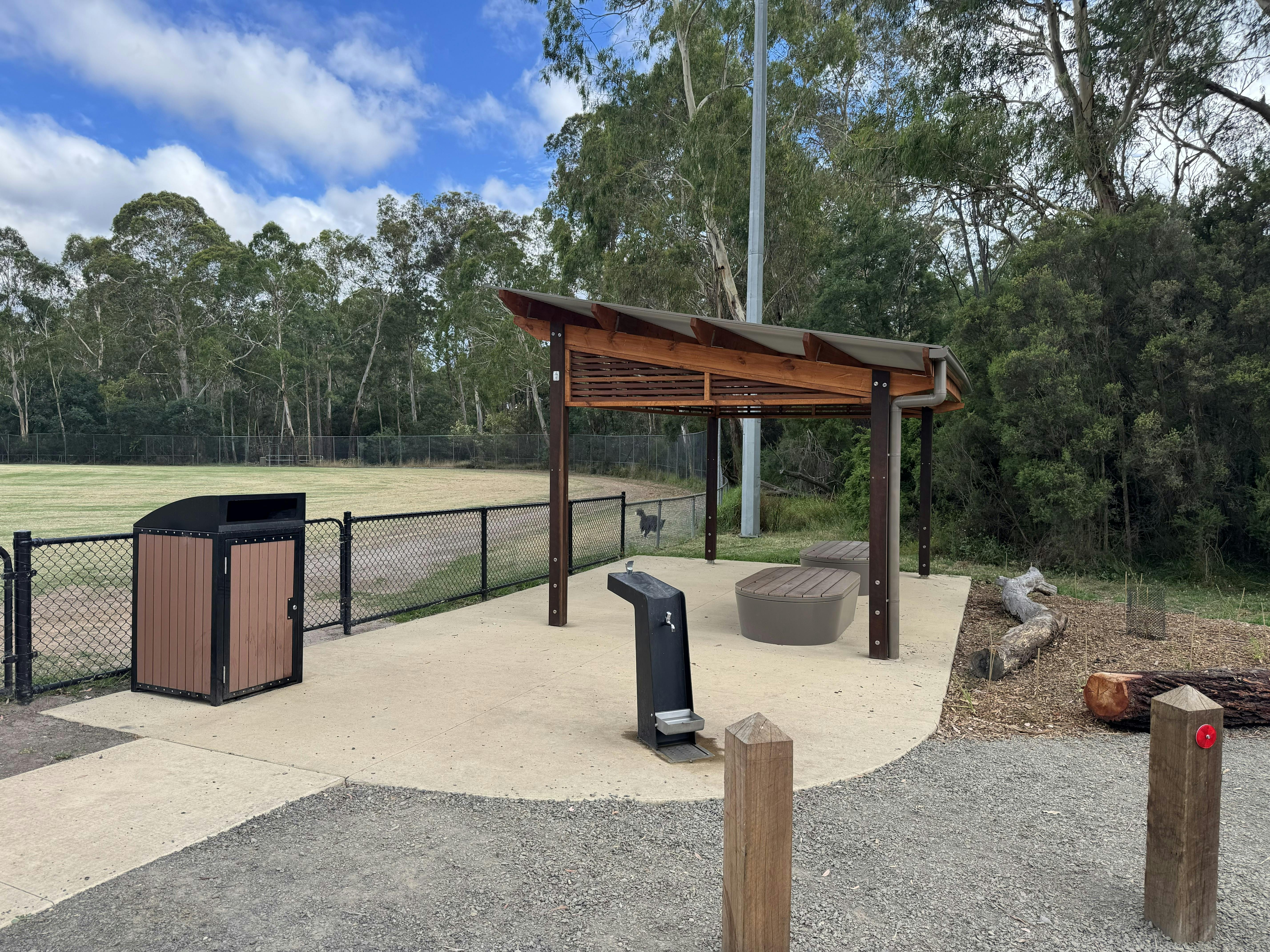 Completed shelter, bin, drinking fountain, seating - Warrandyte Northern Oval