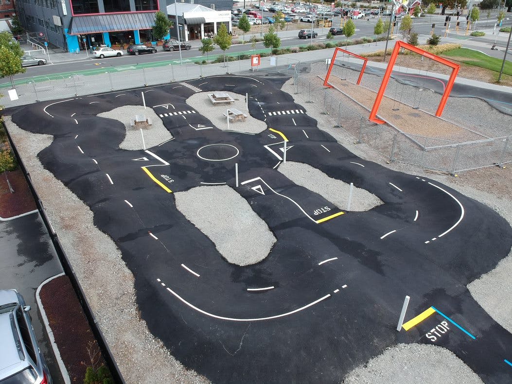 Example of pump track at Margaret Mahy playground, Christchurch