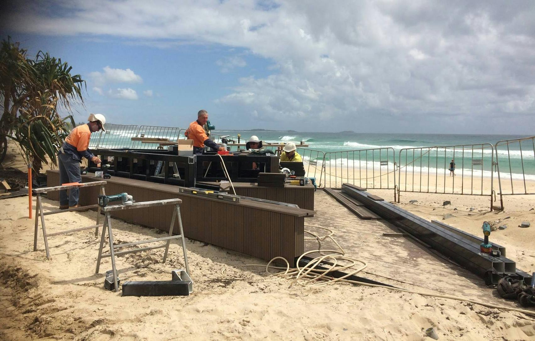 Construction of the park's viewing platform overlooking the beach and ocean.