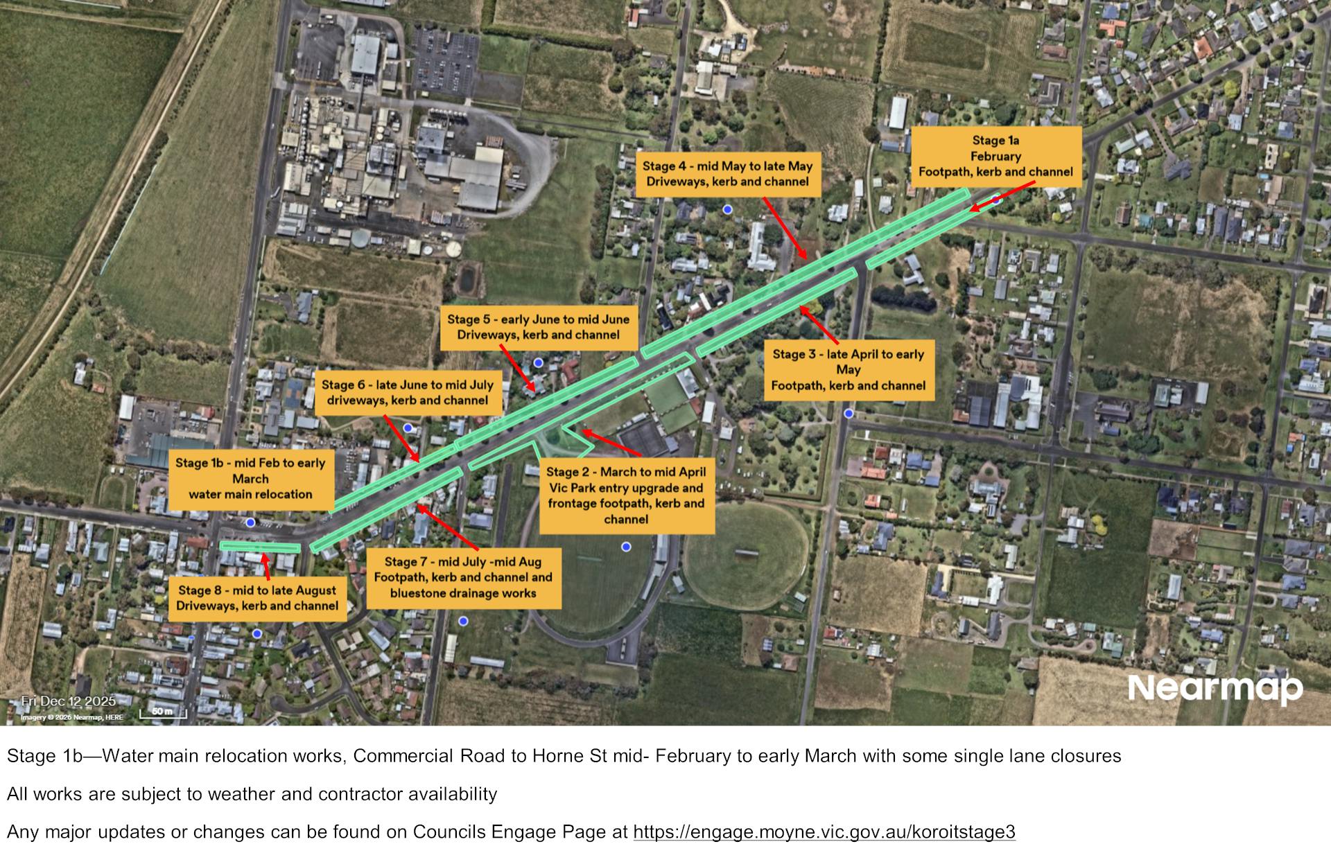 An aerial photo showing the works areas along High Street, Koroit