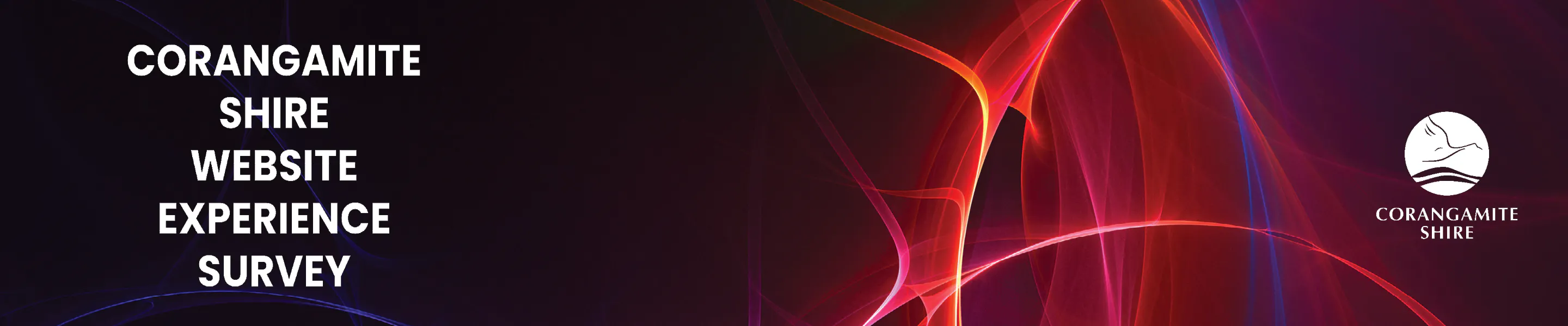 Graphic promoting the Corangamite Shire Website Experience Survey, with bold white text on a dark abstract background