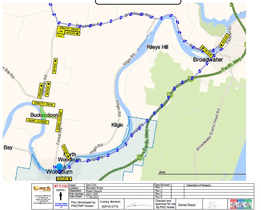 Wyrallah Rod detour map - night works 5 until 8 July 2021 