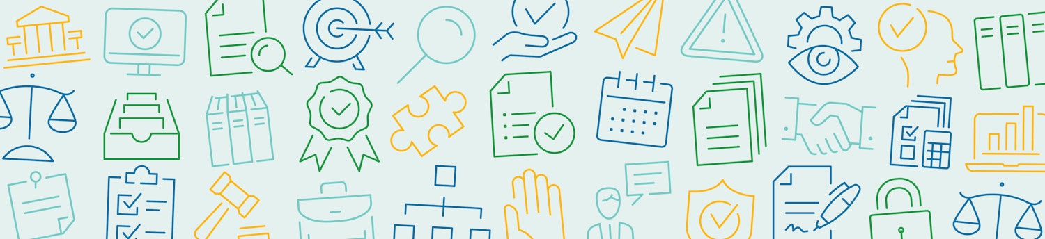 Various coloured icons town hall, computer, document, files, puzzle pieces, handshakes, pens, legal