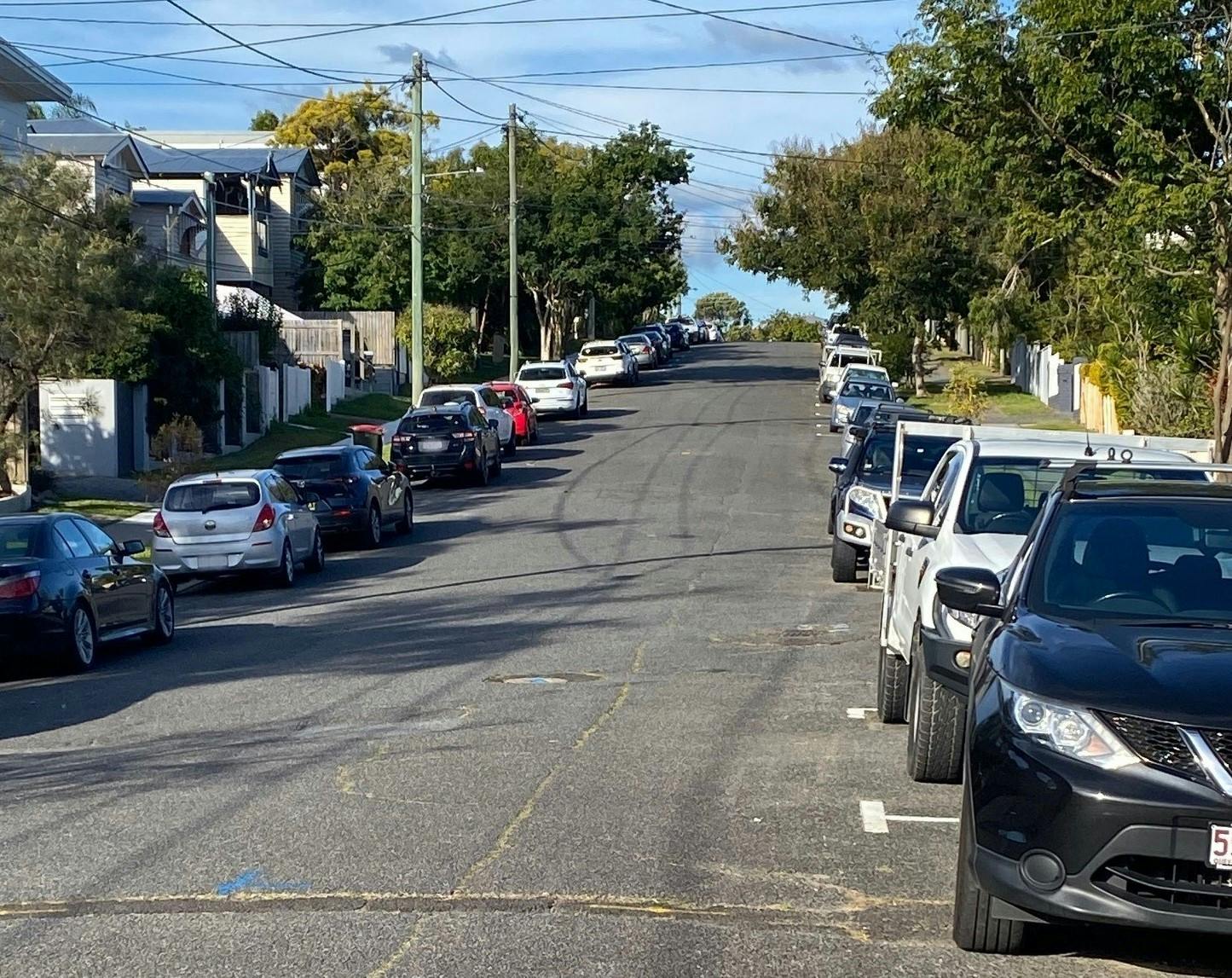 Photo of cars parked along both sides of Hunter Street, Greenslopes