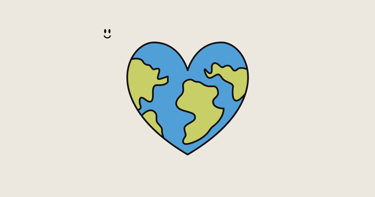 White background with a love heart that symbolises the earth, featuring blue oceans and green countries