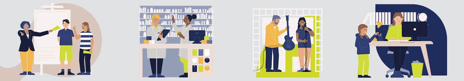 Illustrations of people at work, in different industries and jobs