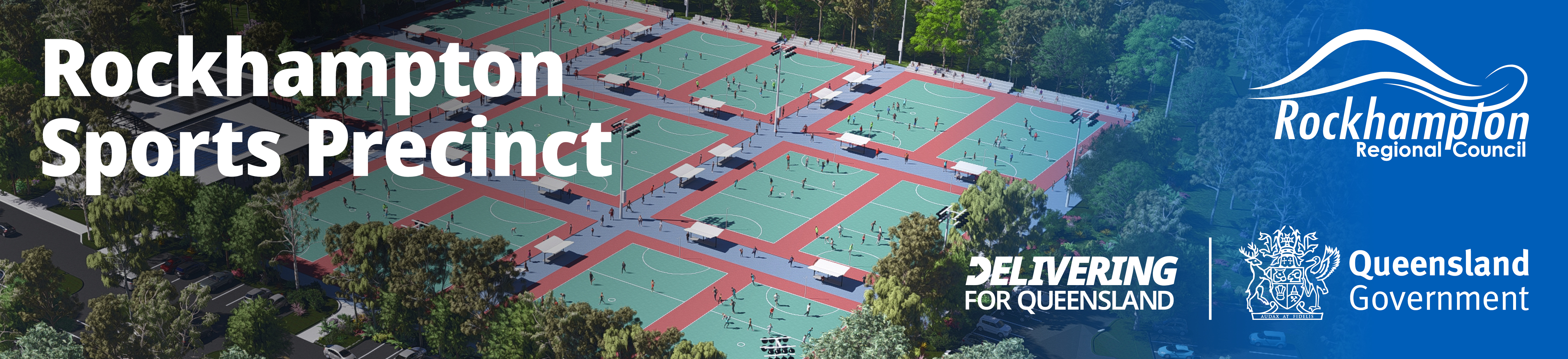Rockhampton Sports Precinct banner with Queensland Government and Rockhampton Regional Council logos