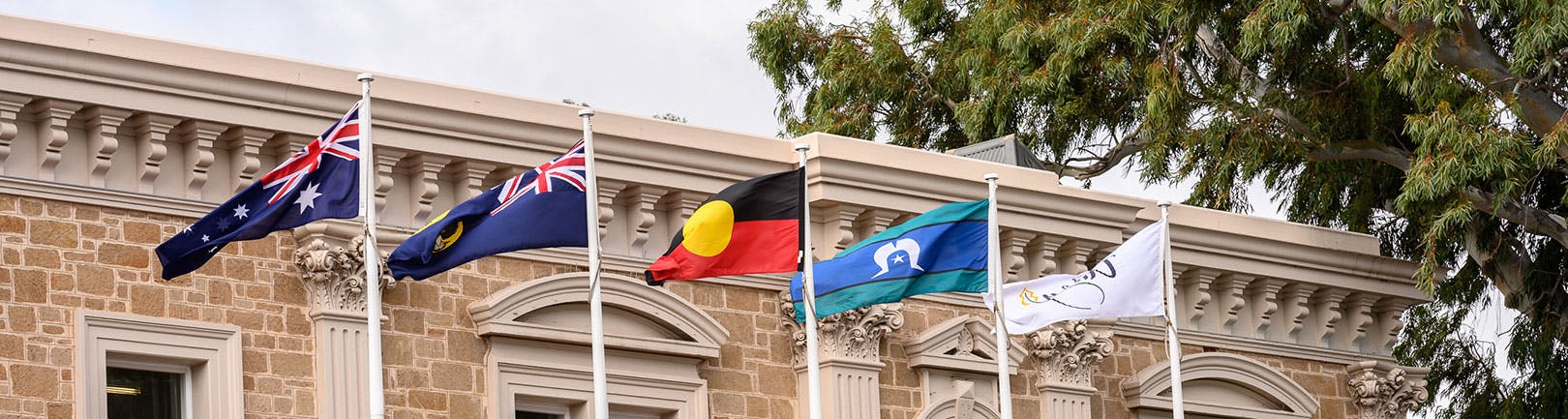 Five flags flying in front of the Unley Town Hall