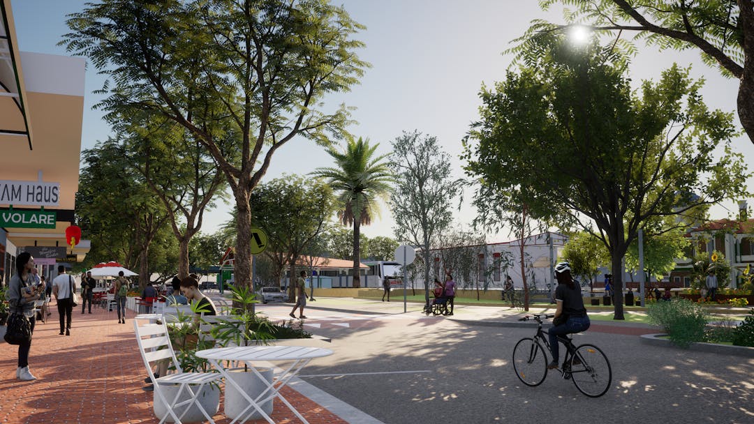 Artist's impression of an upgraded Whatley Crescent, with more shade, wider footpaths and raised pedestrian crossings