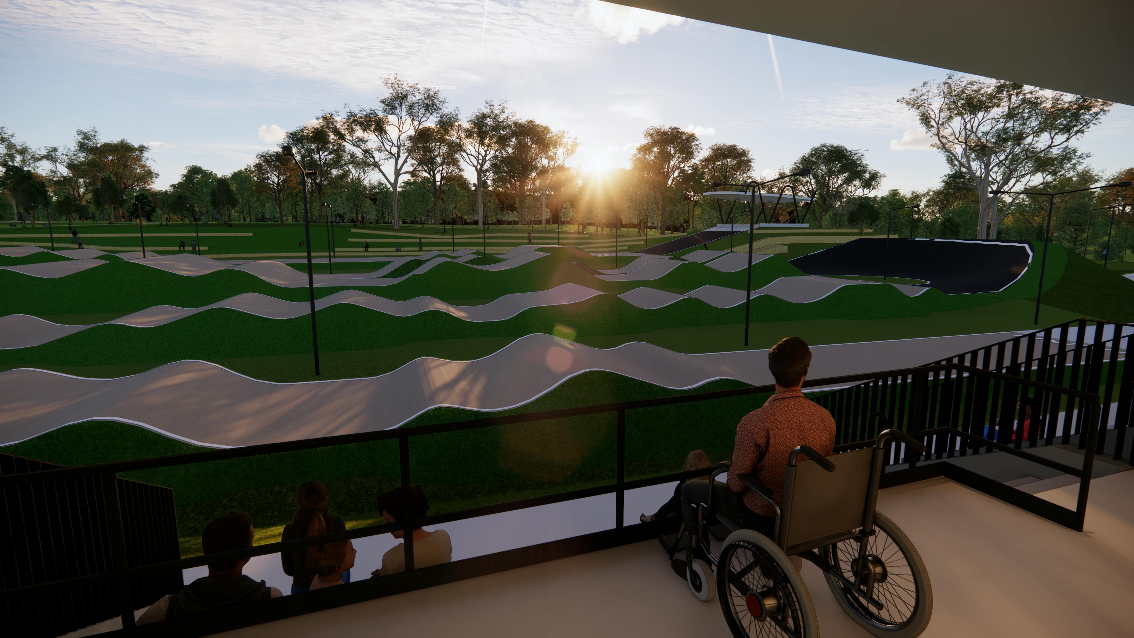 View of the BMX track from the clubhouse at sunset
