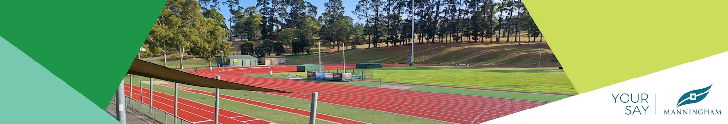 Green multi-shade Your Say banner with photo of Tom Kelly Athletics Track