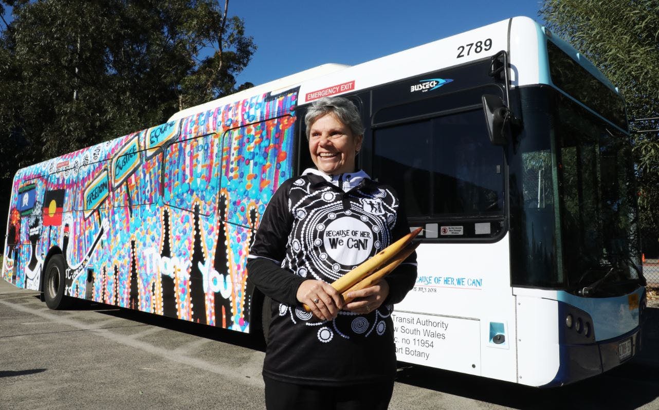 STA bus wrapped in 2018 NAIDOC Week poster artwork