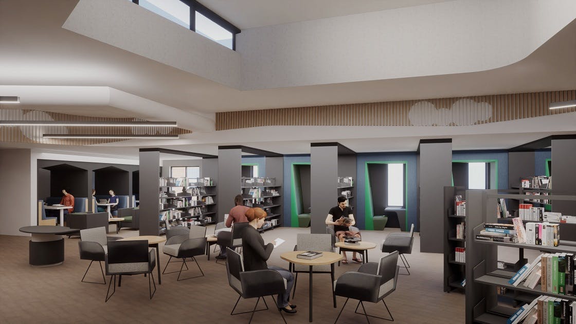 Artist impression of the main collection with people sitting in individual chairs and books on shelves