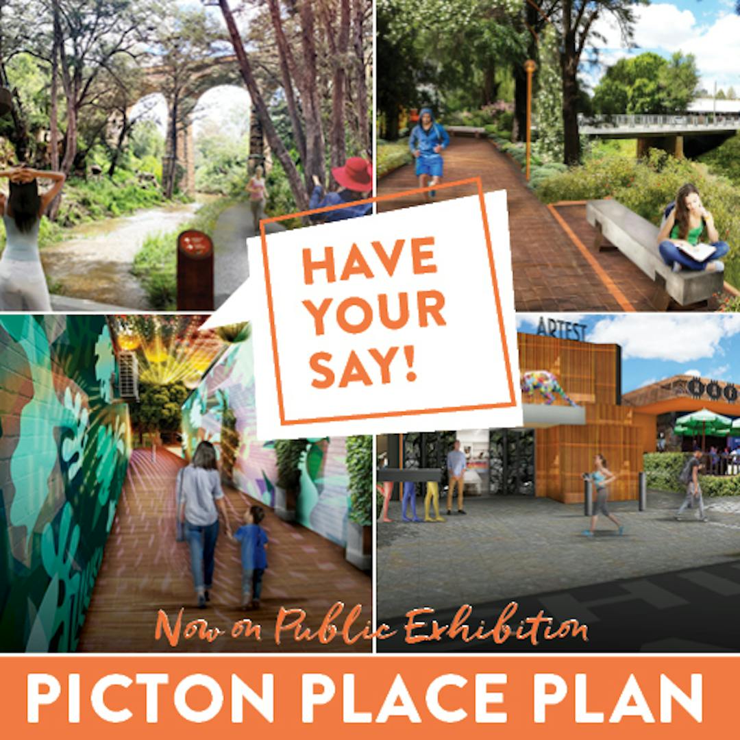 four images of Picton including leafy streetscapes and street furniture, the old Post Office, and the Illuminate festival