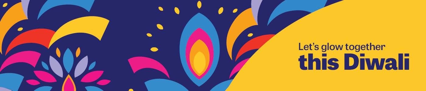 Colourful graphic that shows diwali type lights and candles. Text says Let's glow together this Diwali