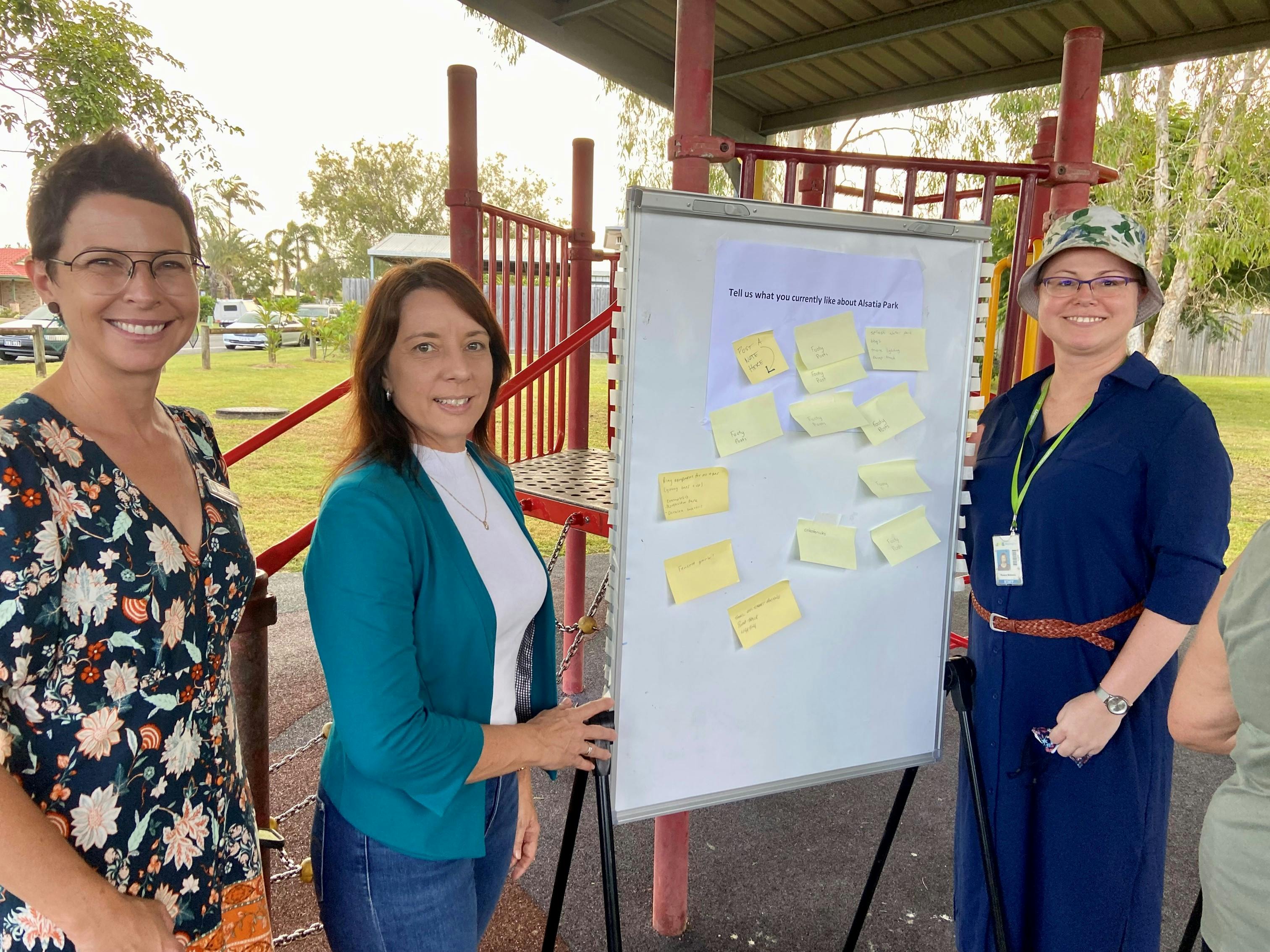 Councillors Michelle Green and Belinda Hasson look of the ideas wall and talk to council's Senior Parks Planner Ruzica Mohoko.