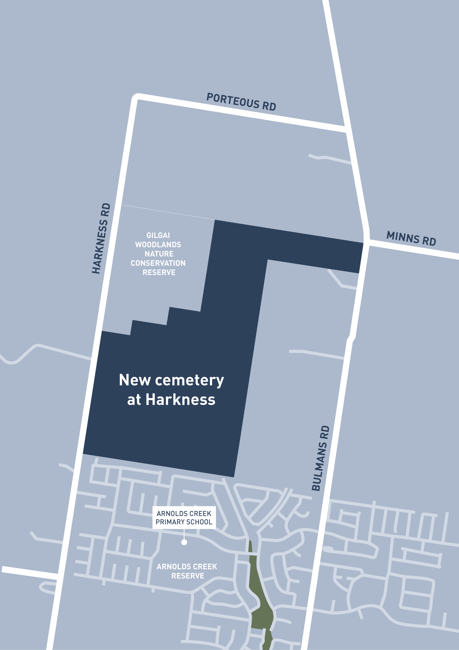 Graphic map which displays exact location of the new site at Harkness. 