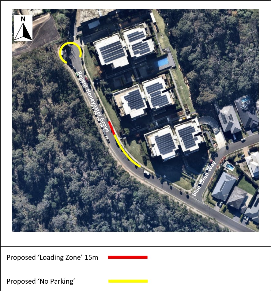 Aerial showing the section of regent honeyeater grove with proposed parking restrictions.
