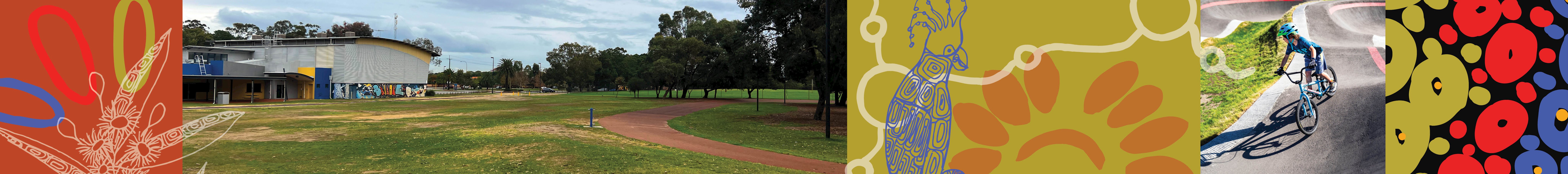 George Burnett Leisure Centre and park plus image of a child on a bike