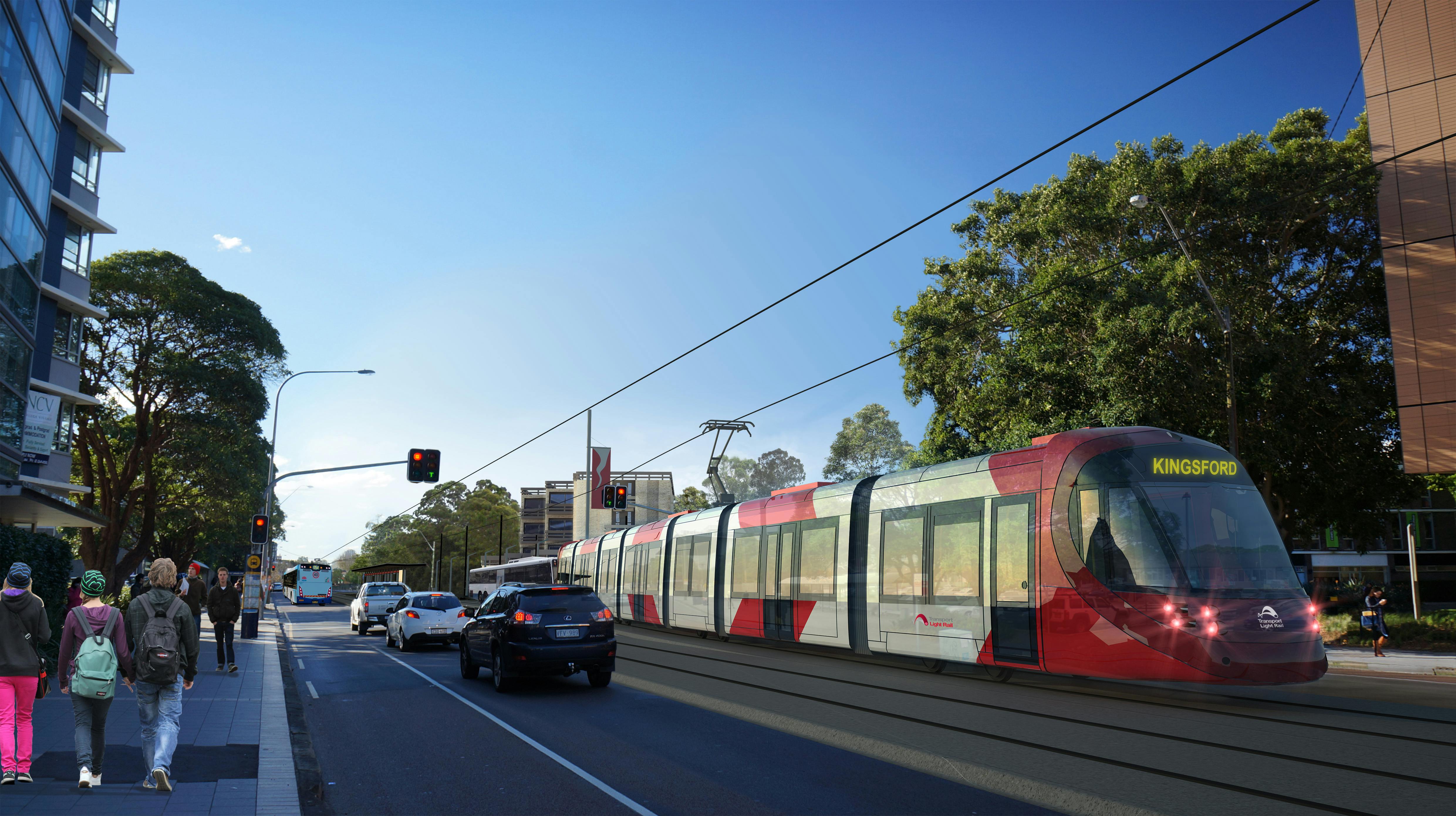 Artist impression: Light rail on Anzac Parade (Source: Transport for NSW)