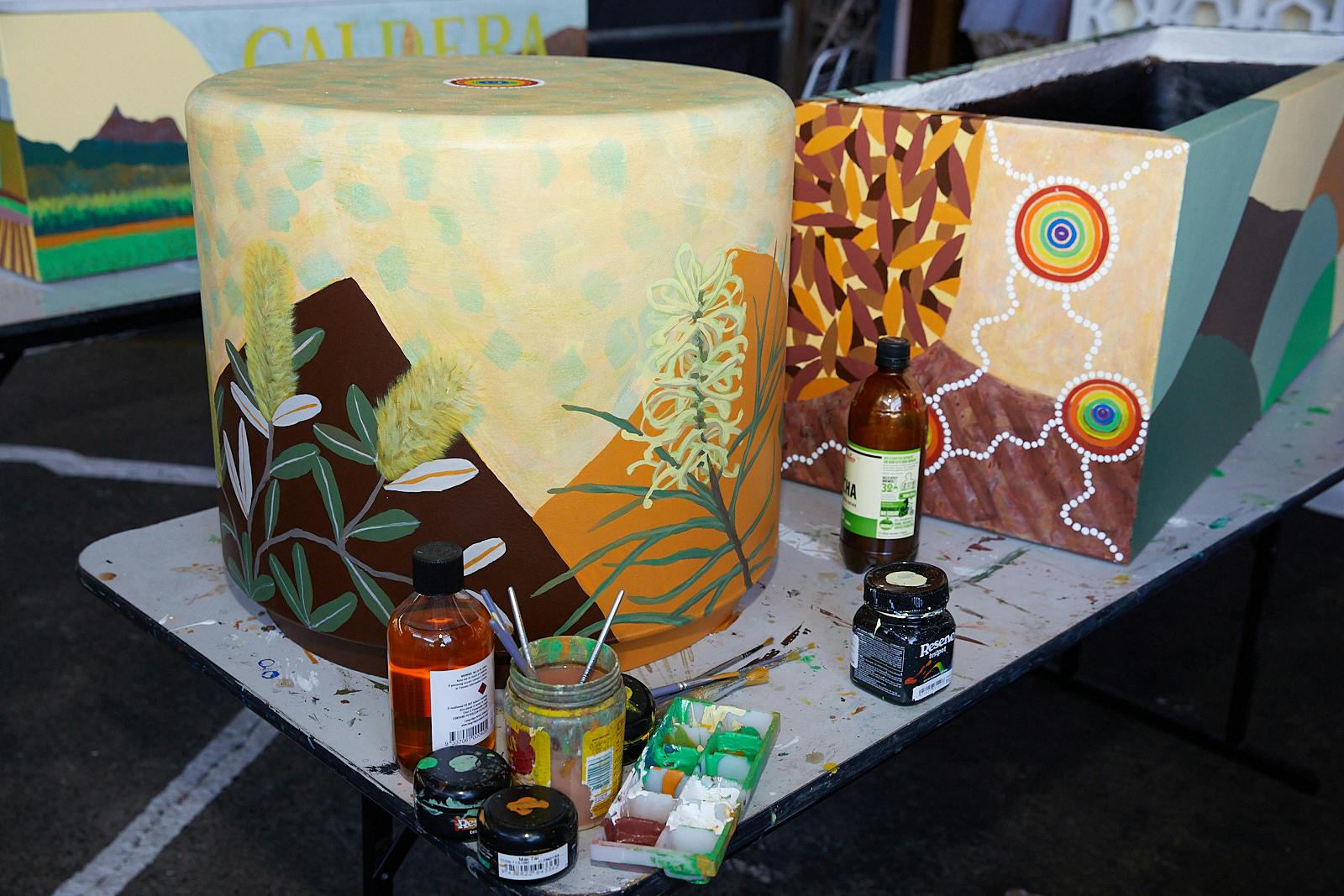 Judy Oakenfull's land themed art seat and planter box
