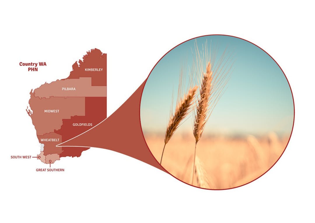 Map of Western Australia showing location of Wheatbelt region in a pop out circle.