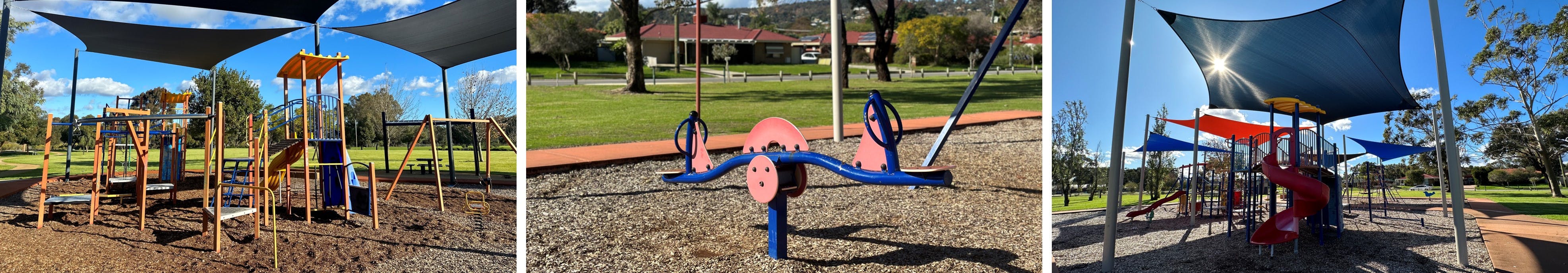 Three images of playground equipment