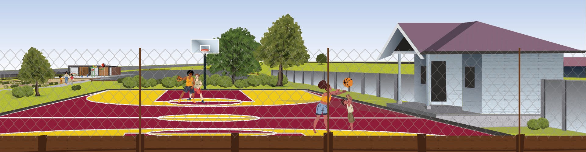 Concept drawing of Tulloch Park redevelopment shows a maroon and gold basketball court.