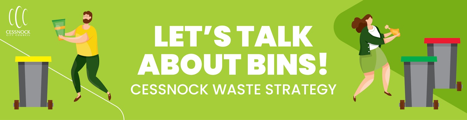 Illustration of people using organics, recycling and general waste bins. In the middle is the text Let's talk about bins!