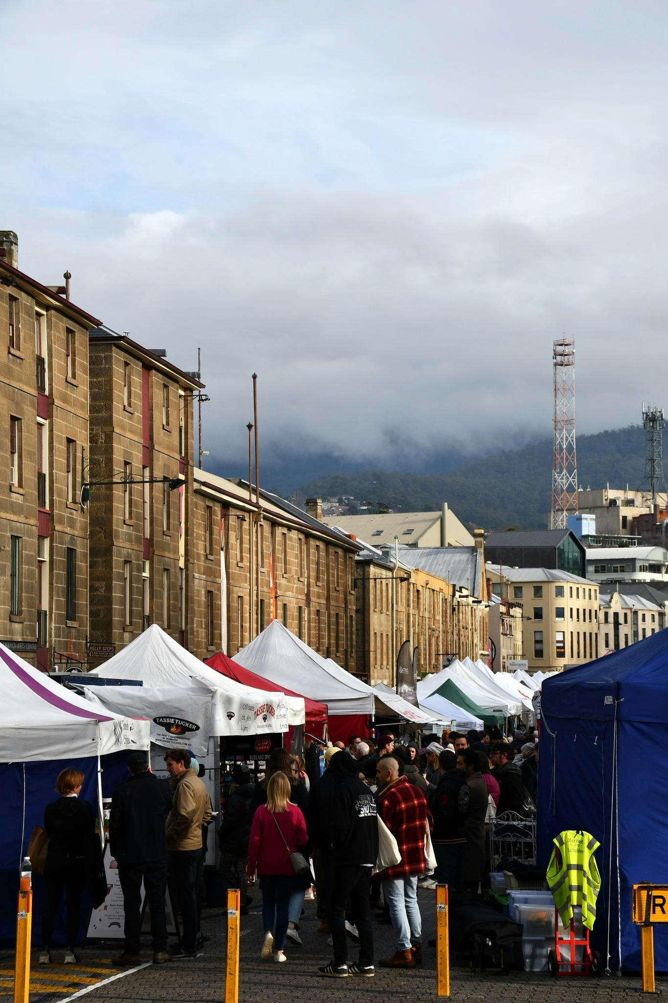 Salamanca Market with kunanyi/Mount Wellington in the background