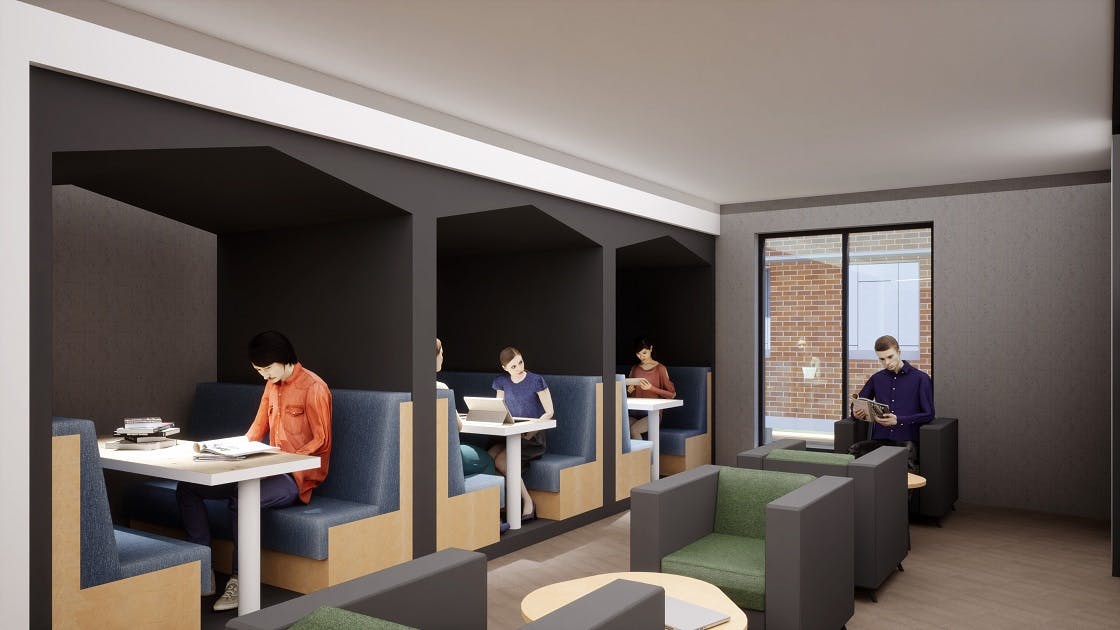 Artist impression of reading and study booths with people seated in the space