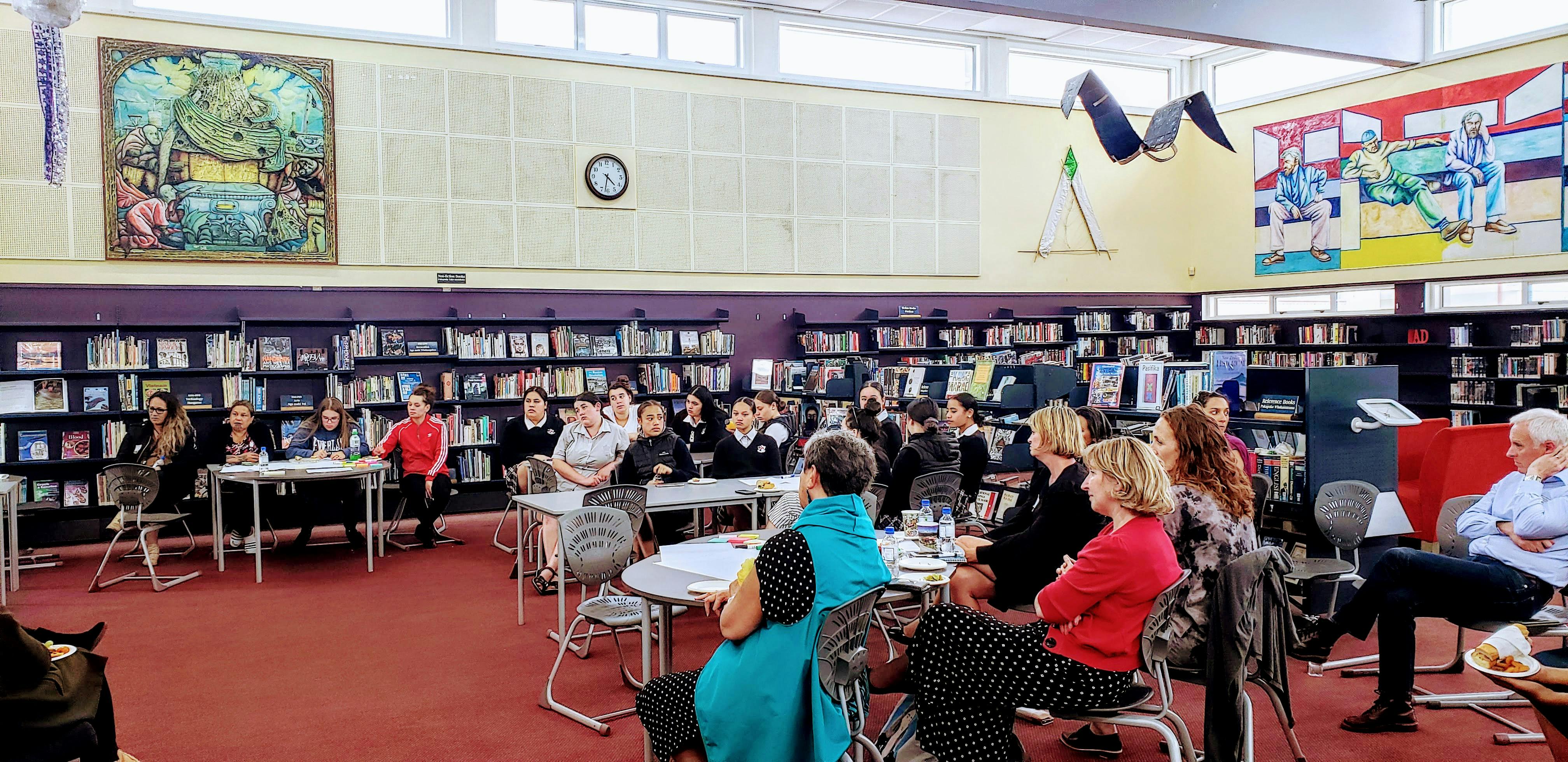 The crowd gathered at the Mākoura College Library