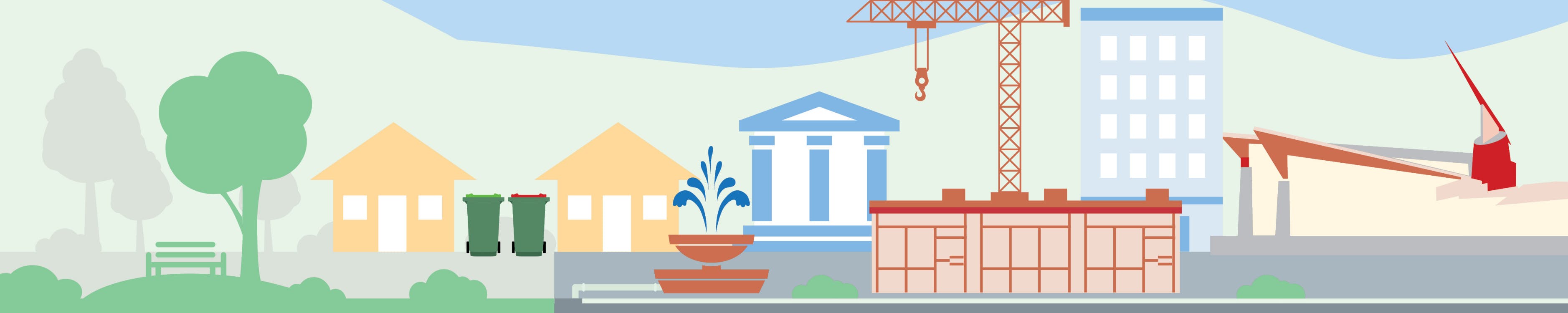 An outline of Council services in graphic form - parks, waste collection, water, libraries, business support and others.