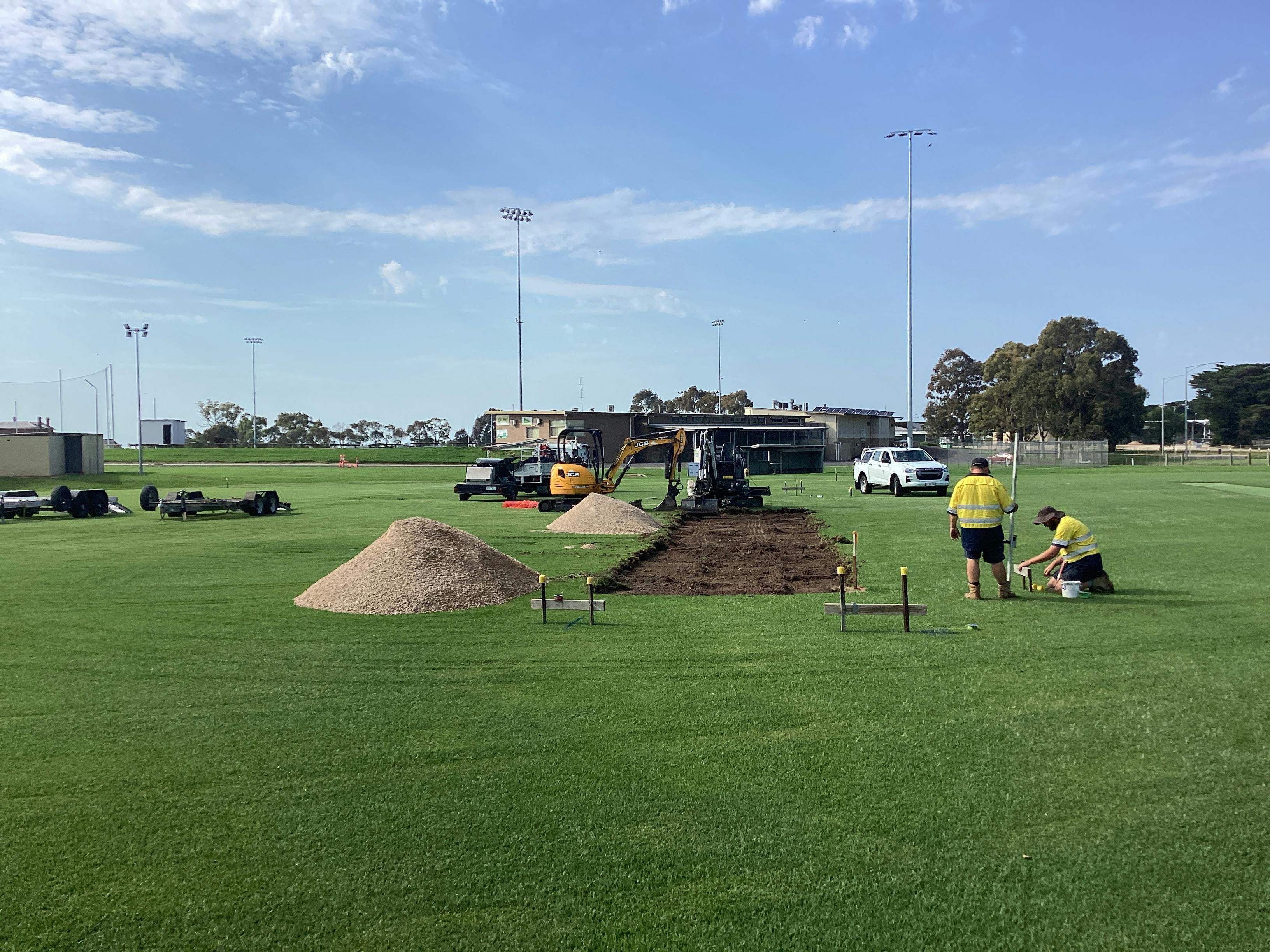 Council's works crew preparing the new pitch at Peppercorn Park oval