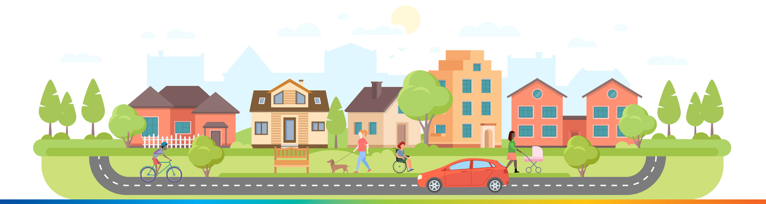 Residential streetscape with pedestrians and car