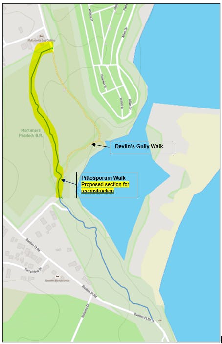 Map – Pittosporum Walk and Devlin's Gully Walk (note: Mallacoota Inlet waterway has significantly changed from this map base).