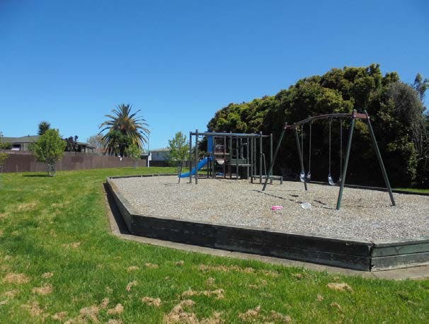 Existing playground contains monkey bars, swinging, climbing and sliding experiences as well as a half basketball court at Vickers Park.